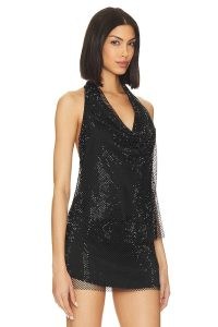 Amanda Uprichard X Revolve Niecy Mesh Sparkle Top in Black – sparkly meshed sheer overlay mini dresses – glittering evening fashion – halterneck party clothes – shimmering LBD