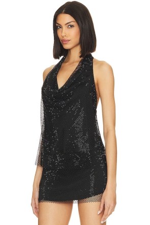 Amanda Uprichard X Revolve Niecy Mesh Sparkle Top in Black – sparkly meshed sheer overlay mini dresses – glittering evening fashion – halterneck party clothes – shimmering LBD - flipped