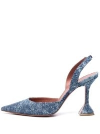 Amina Muaddi Holli 95mm denim slingback pumps in Acid Denim Blue – flared heel slingbacks – martini heels