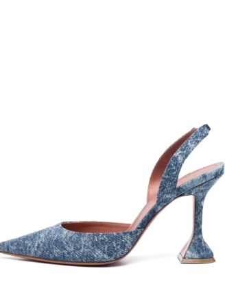 Amina Muaddi Holli 95mm denim slingback pumps in Acid Denim Blue – flared heel slingbacks – martini heels