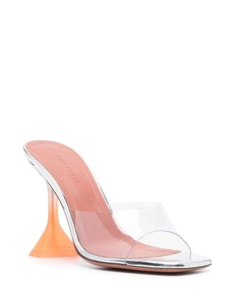 Amina Muaddi Lupita Glass 100mm leather mules in silver tone / orange – flared martini heels – clear strap mule sandals – transparent evening sandal - flipped