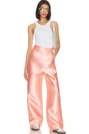 Andrea Iyamah Vasi High Waist Pants in Peach ~ women’s satin style trousers ~ silky fashion ~ womens lightweight sateen fabric clothes - flipped