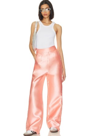 Andrea Iyamah Vasi High Waist Pants in Peach ~ women’s satin style trousers ~ silky fashion ~ womens lightweight sateen fabric clothes
