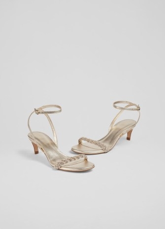 L.K. BENNETT Andria Gold Leather and Crystal Plaited Sandals ~ metallic ankle strap kitten heels ~ strappy party shoes ~ glamorous occasion footwear - flipped