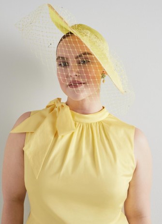 L.K. BENNETT Annalise Lemon Mesh Wide Brim Fascinator – veil facinators – yellow summer occasion hats - flipped