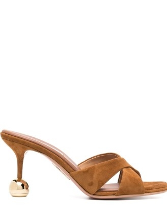 Aquazzura Yes Darling 90mm leather mules ~ brown suede ball heeled mule sandals ~ chic sculpted heels Aquazzura Yes Darling 90mm leather mules - flipped
