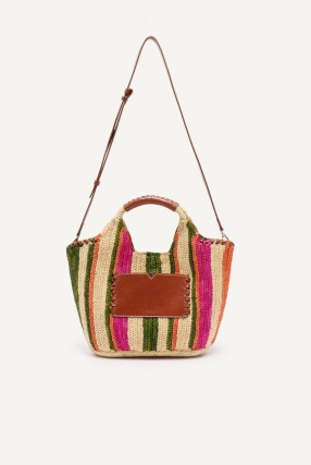 ba&sh ara multicolour striped bag | raffia and leather basket style tote | summer top handle bags | vibrant grab handbags - flipped