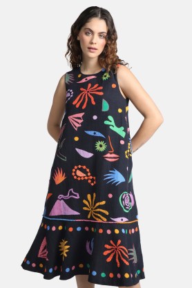 gorman x Meg Fransee Aurora Embroidered Dress – sleeveless cotton linen blend midi dresses – printed fashion – relaxed fit - flipped