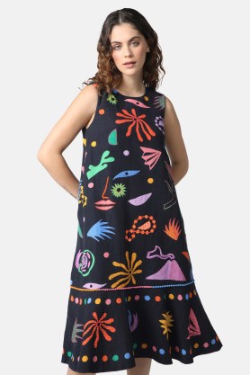 gorman x Meg Fransee Aurora Embroidered Dress – sleeveless cotton linen blend midi dresses – printed fashion – relaxed fit