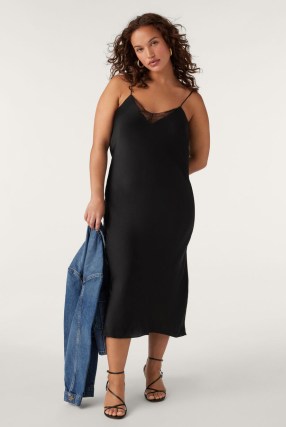 ba&sh clelia BABYDOLL DRESS in BLACK | V-neck midi slip dresses with lace insert | strappy evening fashion | cami shoulder strap clothing