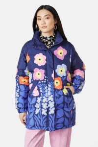 gorman x Liv Lee Backyard Puffer Coat – blue padded floral print coats – women’s sustainable outerwear using recycled materials
