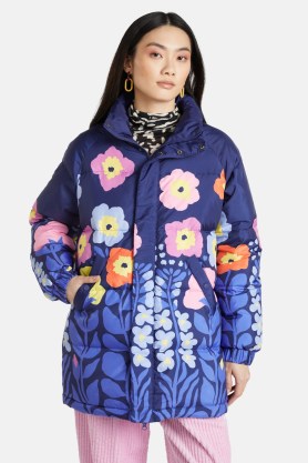 gorman x Liv Lee Backyard Puffer Coat – blue padded floral print coats – women’s sustainable outerwear using recycled materials - flipped
