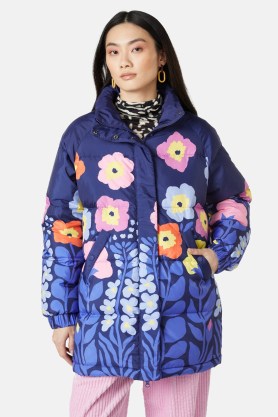 gorman x Liv Lee Backyard Puffer Coat – blue padded floral print coats – women’s sustainable outerwear using recycled materials