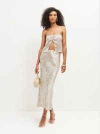 Reformation Beba Silk Two Piece in Sable | silky fashion sets | luxe occasion clothing co-ord | chic top and skirt co-ords | strappy halter tops and skirts | luxury clothes