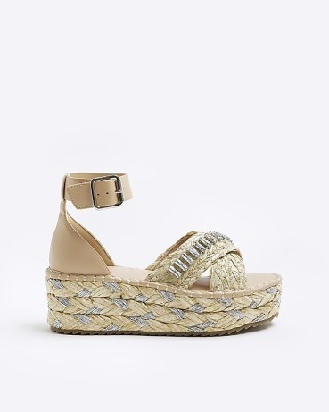 River Island BEIGE EMBELLISHED WEDGE SANDALS | summer wedged sandal | ankle strap wedged heels | women’s holiday shoes | vacation footwear | diamante detail flatforms - flipped