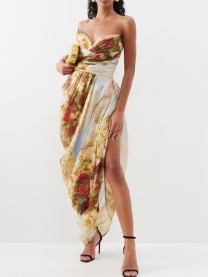 ZIMMERMANN Luminosity rose-print asymmetric muslin dress ~ strapless drape detail occasion dresses ~ luxury event clothing
