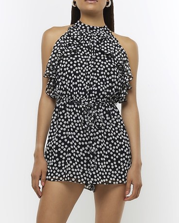 RIVER ISLAND BLACK CHIFFON SPOT FRILL PLAYSUIT / women’s occasion playsuits / going out clothes - flipped