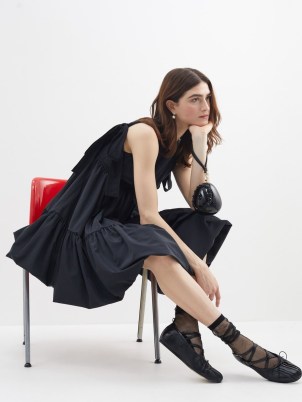 CECILIE BAHNSEN Divya tie-shoulder recycled-faille tiered dress – black sleeveless balloon hem dresses – feminine fashion with volume - flipped
