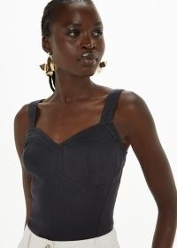 WHISTLES LOLA BUSTIER TOP in BLACK | fitted bodice tops with shoulder straps | shirred back | sweetheart neckline fashion