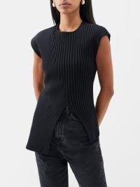 RÓHE Slit-hem ribbed-knit top | chic knitted cap sleeve tops | split asymmetric hemline