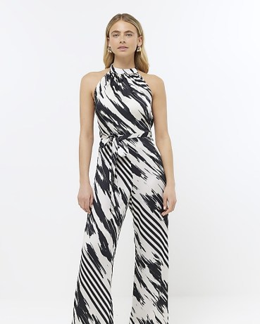 RIVER ISLAND BLACK STRIPED HALTER NECK JUMPSUIT – halterneck tie waist jumpsuits – women’s all-in-one going out evening fashion - flipped