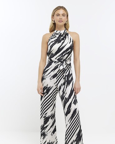 RIVER ISLAND BLACK STRIPED HALTER NECK JUMPSUIT – halterneck tie waist jumpsuits – women’s all-in-one going out evening fashion