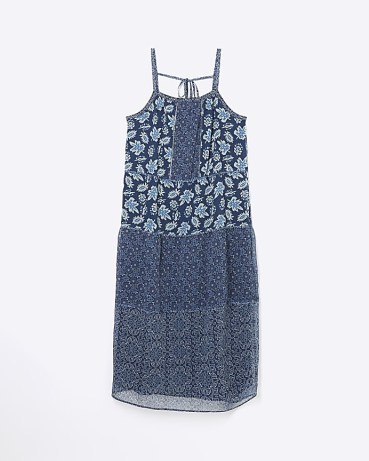 River Island BLUE CHIFFON FLORAL SLIP MAXI DRESS | strappy boho summer dresses | bohemian cami shoulder strap fashion | floaty mixed print clothing - flipped