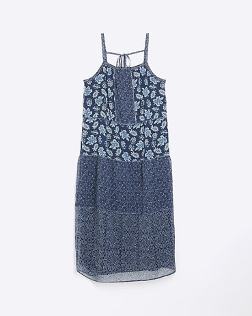 River Island BLUE CHIFFON FLORAL SLIP MAXI DRESS | strappy boho summer dresses | bohemian cami shoulder strap fashion | floaty mixed print clothing
