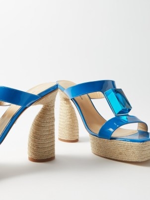 PAUL ANDREW Cube patent-leather platform espadrille sandals – blue strappy curved heel platforms – retro summer shoes - flipped