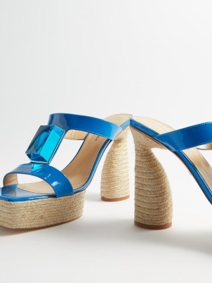 PAUL ANDREW Cube patent-leather platform espadrille sandals – blue strappy curved heel platforms – retro summer shoes