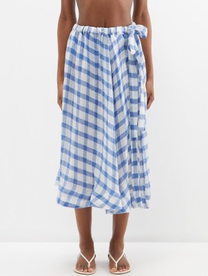 LISA MARIE FERNANDEZ Drawstring-waist checked linen-blend skirt – blue and white check print midi skirts - flipped