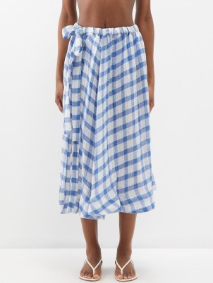 LISA MARIE FERNANDEZ Drawstring-waist checked linen-blend skirt – blue and white check print midi skirts
