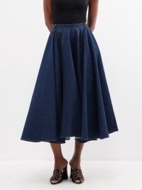 ALAÏA Flared cotton-blend denim midi skirt ~ dark blue full voluminous skirts