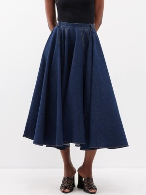 ALAÏA Flared cotton-blend denim midi skirt ~ dark blue full voluminous skirts - flipped