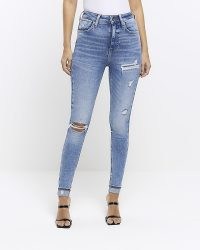 River Island BLUE HIGH WAIST RIPPED SKINNY JEANS | women’s distressed skinnies | casual denim clothing