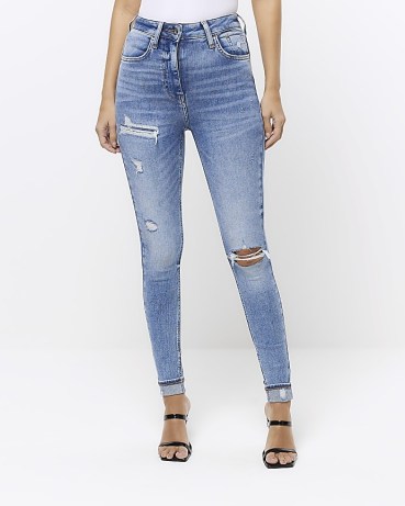 River Island BLUE HIGH WAIST RIPPED SKINNY JEANS | women’s distressed skinnies | casual denim clothing - flipped