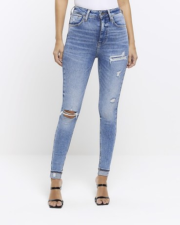 River Island BLUE HIGH WAIST RIPPED SKINNY JEANS | women’s distressed skinnies | casual denim clothing