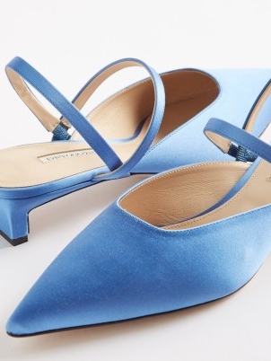 EMILIA WICKSTEAD Katrina blue satin kitten-heel pumps – luxe low heels – ladylike shoes – strappy pointed toe courts