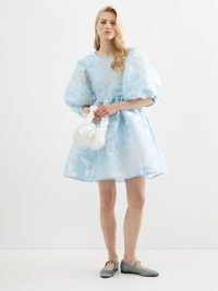 CECILIE BAHNSEN Mabel puff-sleeved Betula fil-coupé dress – voluminous sky blue dresses with balloon sleeves – feminine fashion – women’s romantic style clothes with semi sheer details