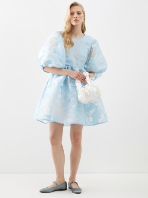 CECILIE BAHNSEN Mabel puff-sleeved Betula fil-coupé dress – voluminous sky blue dresses with balloon sleeves – feminine fashion – women’s romantic style clothes with semi sheer details - flipped