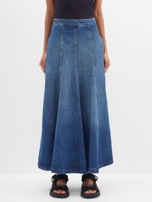 RAEY Panelled organic cotton-blend denim skirt | blue long length fit and flared hem skirts - flipped