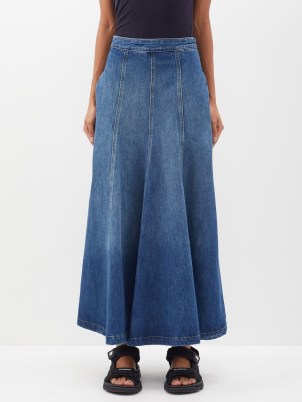 RAEY Panelled organic cotton-blend denim skirt | blue long length fit and flared hem skirts
