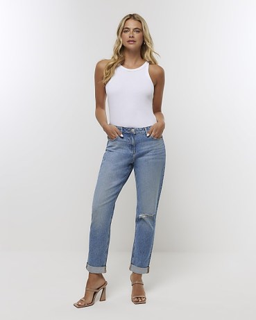 River Island BLUE RELAXED STRAIGHT LEG JEANS | women’s casual denim clothes | ripped detail fashion - flipped