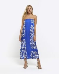 RIVER ISLAND BLUE SATIN FLORAL BANDEAU SLIP MIDI DRESS / silky strapless dresses