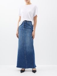 RAEY Split back organic-cotton denim maxi skirt | blue long length column skirts with a raw edge slit for movement