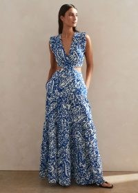 ME AND EM Bold Paisley Print Cheesecloth Cut-Out Maxi Dress in Cream/Electric Blue – chic sleeveless long length cutout dresses – ruffled shoulder – women’s iron-free cotton summer clothes – feminine fashion