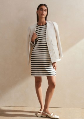 ME and EM Breton Shift Dress in Black/Cream Cotton-Rib Jersey ~ chic French style clothing ~ casual long sleeve striped dresses