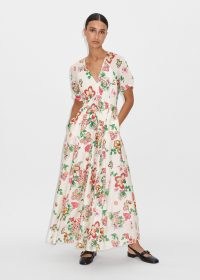ME and EM Bright Camellia Print Maxi Dress in Light Cream/Black/Pink/Green/Lime – floral long length short sleeve dresses – luxury fashion – feminine clothing – beautiful fresh prints for summer