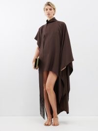 TALLER MARMO California scarf-neck asymmetric crepe dress ~ brown draped asymmetrical dresses