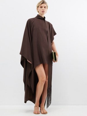 TALLER MARMO California scarf-neck asymmetric crepe dress ~ brown draped asymmetrical dresses - flipped